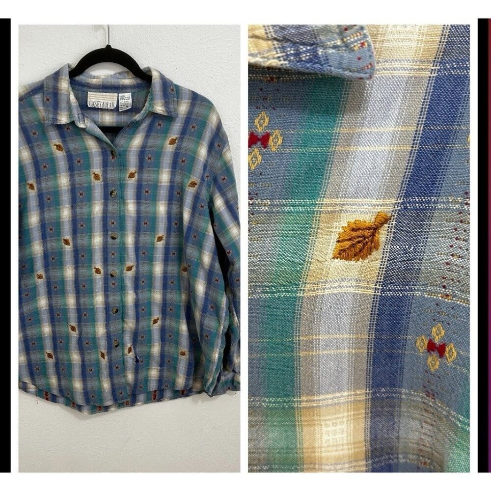 VTG 90s Blue Plaid Shirt Embroidered‎ Leaves XL Button Down Fall, Spring Women's